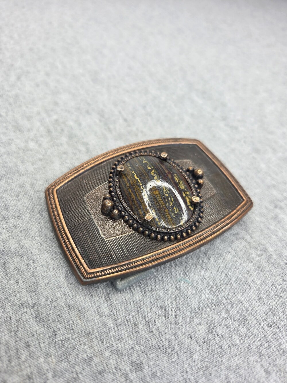 Vintage Tiger Eye Belt Buckle Bronze Tone Shield Western Womens Gemstone
